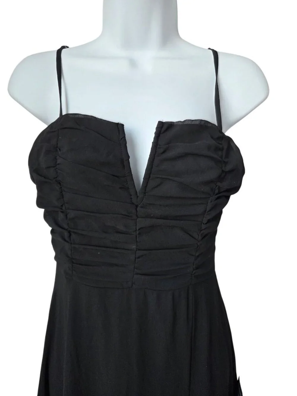 Lulus Elegant Black Maxi Dress With Ruched Bodice Spaghetti Straps & High Slit -